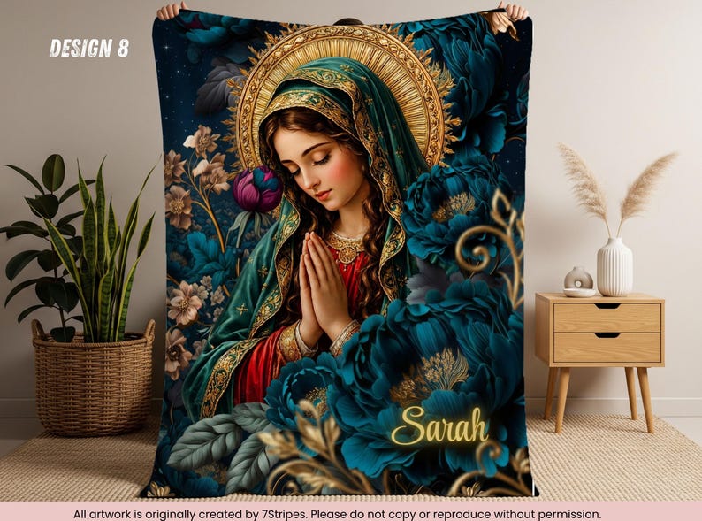 Custom Virgin Mary Prayer Blanket with Name – Premium quality Blue Floral Catholic Throw – Sherpa Velveteen – Faith Gift for Women & Family Design 8