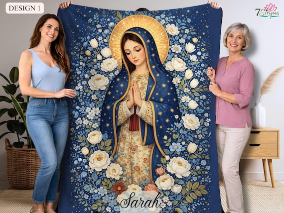 Custom Virgin Mary Prayer Blanket with Name – Premium quality Blue Floral Catholic Throw – Sherpa Velveteen – Faith Gift for Women & Family
