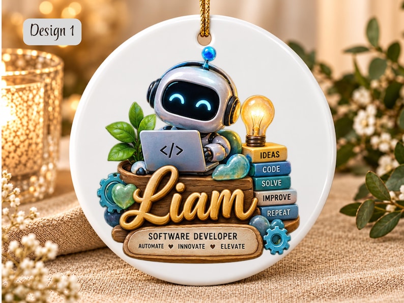 Może przedstawiać: Okrągła biała ceramiczna ozdoba przedstawiająca robota z świecącymi niebieskimi oczami w słuchawkach, piszącego na laptopie z symbolami kodu. Zawiera żar&oacute;wkę, ułożone w stos klocki oraz imię Liam.