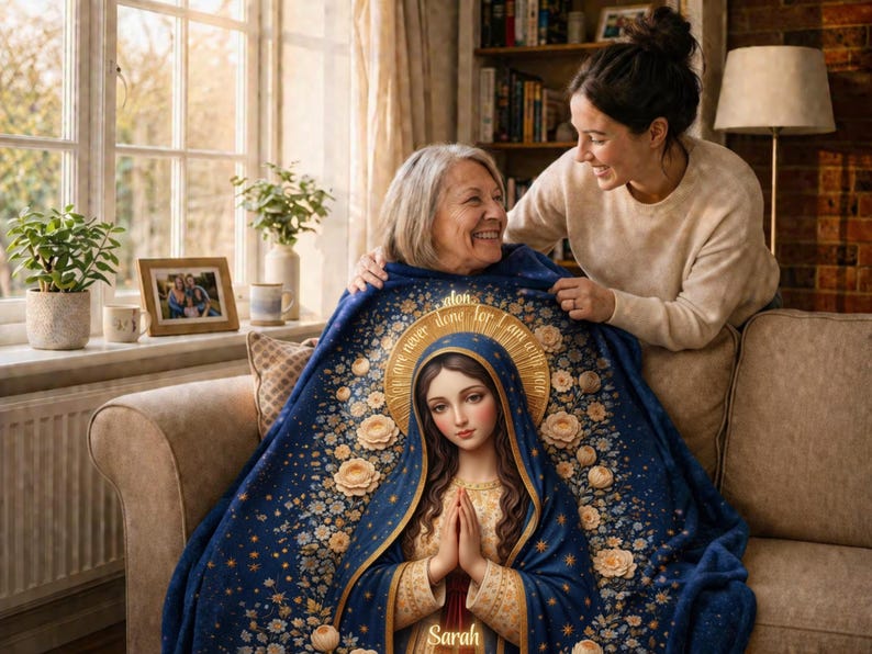 May include: A blue blanket featuring an image of the Virgin Mary with a gold halo and floral accents. The blanket is draped over two people on a sofa. The blanket has the text "Never Alone, I am with you".
