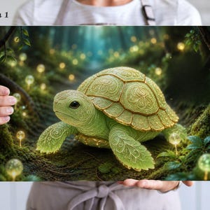 May include: A rectangular print labelled Design 1 featuring a light green turtle with intricate, leaf-like patterns on its shell and skin. The turtle is positioned in a dark, mossy forest setting illuminated by small, glowing, spherical lights.