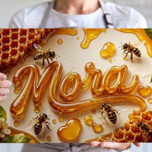 Può includere: Una stampa rettangolare con il nome "Mora" scritto in una calligrafia dorata che ricorda il miele. Il design è circondato da api realistiche, motivi a nido d'ape testurizzati, miele che cola e piccole gocce a forma di cuore.