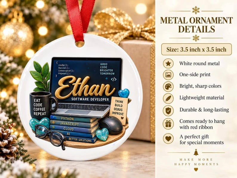 Może przedstawiać: Okrągła biała metalowa ozdoba o wymiarach 8,9 cm na 8,9 cm, przedstawiająca grafikę laptopa z imieniem Ethan, czarny kubek do kawy z napisem Eat Code Coffee Repeat, stos książek, okulary oraz myszkę komputerową.