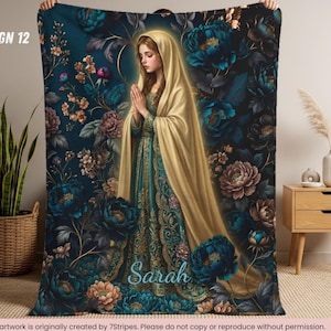 Custom Virgin Mary Prayer Blanket with Name – Premium quality Blue Floral Catholic Throw – Sherpa Velveteen – Faith Gift for Women & Family Design 12