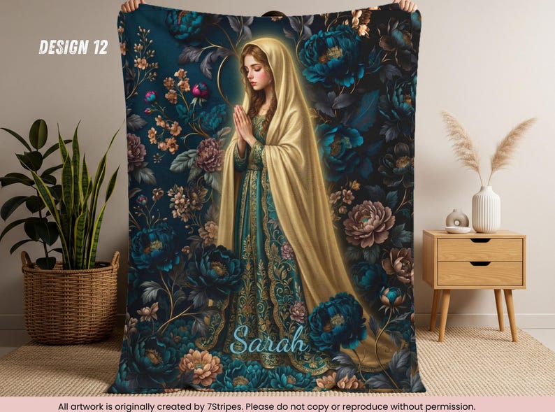 Custom Virgin Mary Prayer Blanket with Name – Premium quality Blue Floral Catholic Throw – Sherpa Velveteen – Faith Gift for Women & Family Design 12