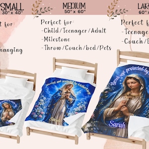 May include: Blankets with a religious theme, featuring an image of the Virgin Mary. Available in small (30" x 40"), medium (50" x 60"), and large (60" x 80") sizes. The blankets are blue, white, and gold, with the text "Blessed and protected by Mother Mary" and a name.