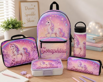 Personalized Unicorn School Essentials Set Custom Backpack, Lunch Box, Lunch Bag, Water Bottle and Pencil Case Back to School Gift.