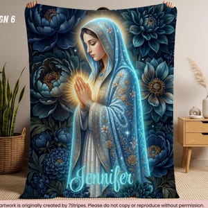 Custom Virgin Mary Prayer Blanket with Name – Premium quality Blue Floral Catholic Throw – Sherpa Velveteen – Faith Gift for Women & Family Design 6
