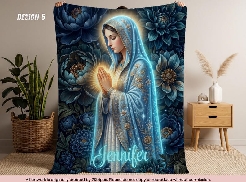 Custom Virgin Mary Prayer Blanket with Name – Premium quality Blue Floral Catholic Throw – Sherpa Velveteen – Faith Gift for Women & Family Design 6