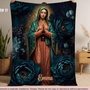 Custom Virgin Mary Prayer Blanket with Name – Premium quality Blue Floral Catholic Throw – Sherpa Velveteen – Faith Gift for Women & Family Design 11