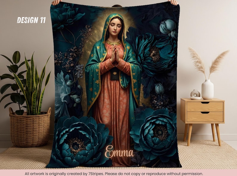 Custom Virgin Mary Prayer Blanket with Name – Premium quality Blue Floral Catholic Throw – Sherpa Velveteen – Faith Gift for Women & Family Design 11