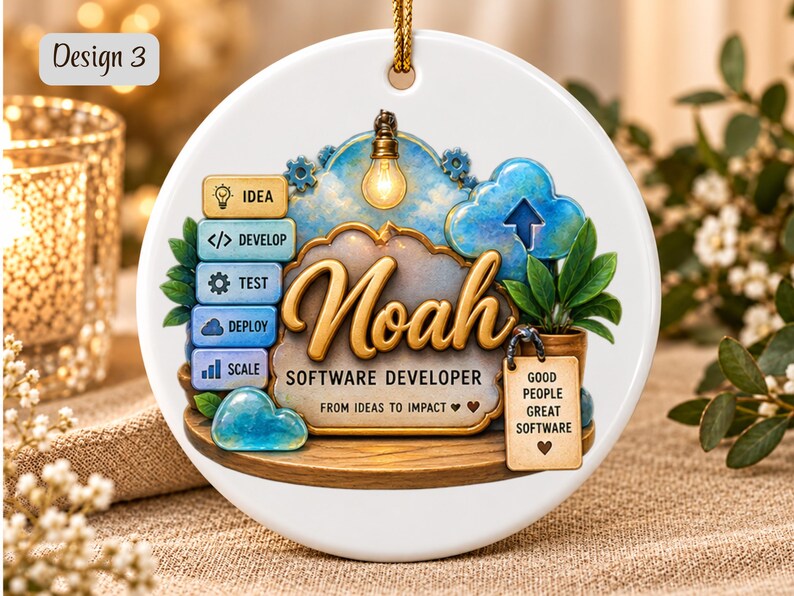 Może przedstawiać: Okrągła biała ceramiczna ozdoba z imieniem Noah oraz tekstem Software Developer, From Ideas to Impact i Good People Great Software. Wz&oacute;r zawiera stos pięciu niebiesko-ż&oacute;łtych ikon, żar&oacute;wkę oraz roślinę.