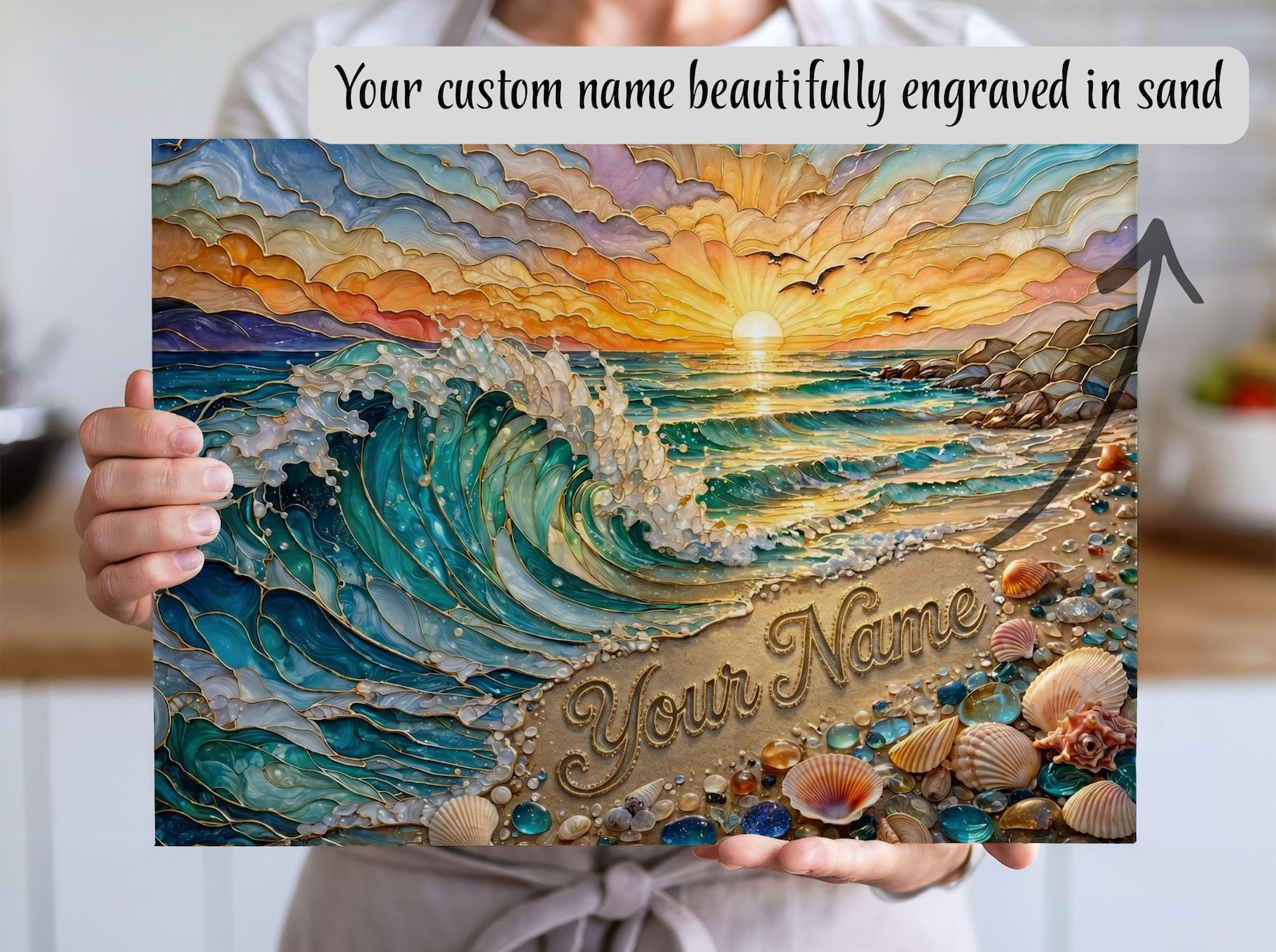 Personalized Beach Sunset Glass Cutting Board,