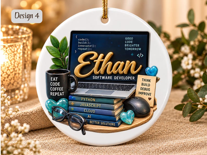 Może przedstawiać: Okrągła biała ceramiczna ozdoba z laptopem wyświetlającym kod i imię Ethan, czarnym kubkiem z napisem Eat Code Coffee Repeat, stosem książek o tytułach Python, Javascript, Cloud i AI, czarnymi okularami oraz myszką komputerową.