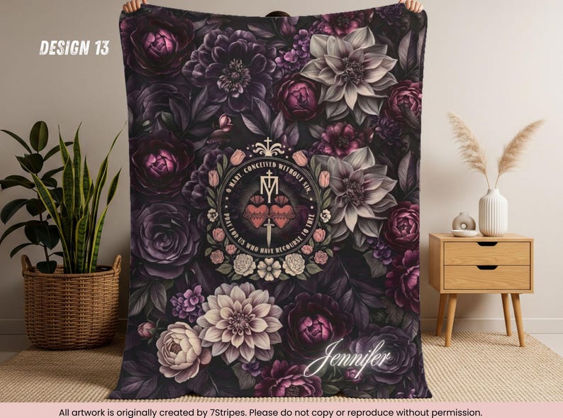 Custom Virgin Mary Prayer Blanket with Name – Premium quality Blue Floral Catholic Throw – Sherpa Velveteen – Faith Gift for Women & Family Design 13