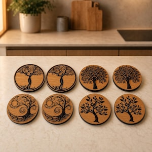 Tree of Life Wooden Trivet Set - Natural Boho Kitchen Decor - Solid Wood Hot Pad & Table Accessory - Handmade Kitchenware