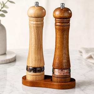 Peut inclure: Deux moulins à sel et à poivre en bois posés sur un socle ovale en bois assorti. L'un est en bois clair contenant des grains de poivre noir, l'autre en bois foncé contenant des cristaux de sel rose. Tous deux ont des boutons en métal argenté.