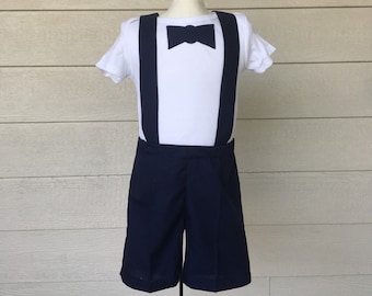 Navy Suspender Shorts / Boy Shortalls / Boy Shorts / Boy Short alls / Family Photo Outfit / Boy Wedding Clothing /