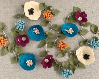 Felt Floral Flower Garland // Fall Garland // Wedding Decor // Flower Bunting // Purple, Wine, Blue, Teal, Aqua, Mustard, Cream, Green