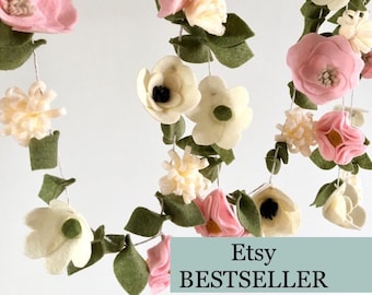 Felt Floral Flower Garland // Spring Decor // Nursery // Wedding Decor // Flower Bunting // Pink, Cream, Green