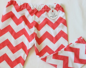 SALE Knit Leggings Pants Coral and White Chevron Baby Girl, Pink, Orange