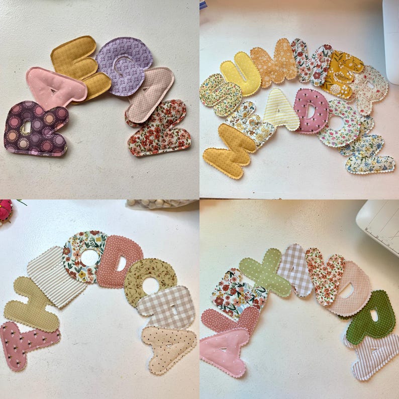 May include: A collection of colorful, fabric-covered letters spelling out various words. The letters feature a variety of patterns, including floral, polka dots, and stripes, in shades of pink, yellow, and green. The letters are arranged in a curved shape.