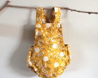 Mustard Yellow Floral Flower Bubble Baby Romper Bodysuit Playsuit