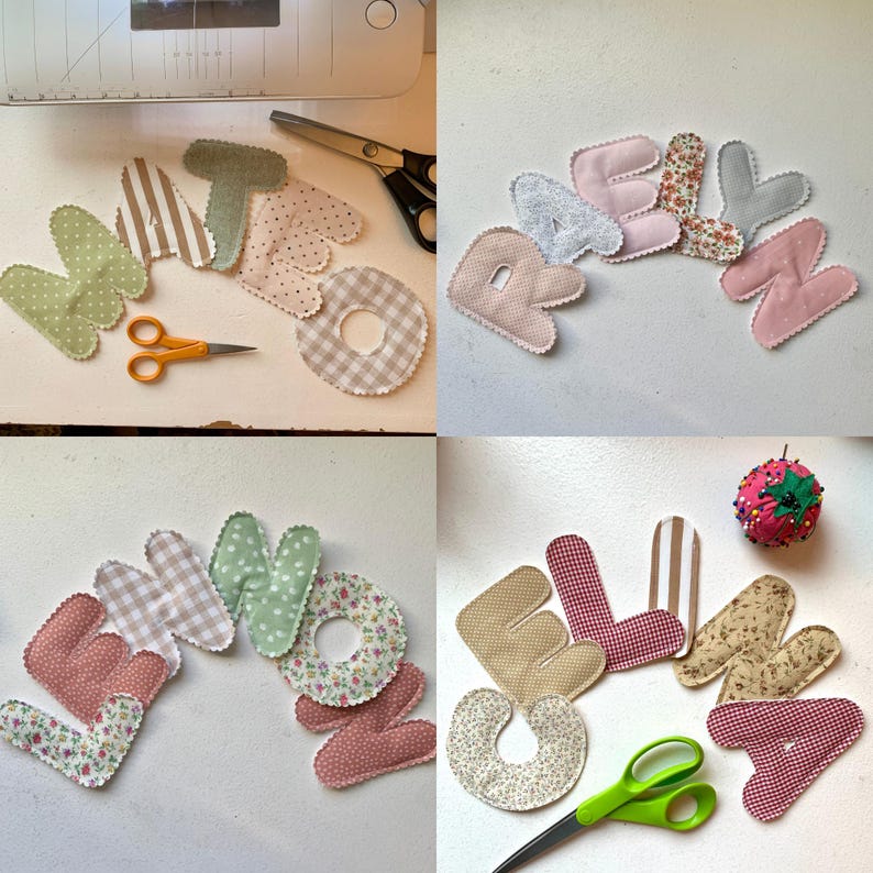 May include: Assortment of fabric letters in various patterns and colors, including polka dots, stripes, and floral prints. The letters are arranged on a white surface, with scissors and sewing tools nearby. The letters spell out names.