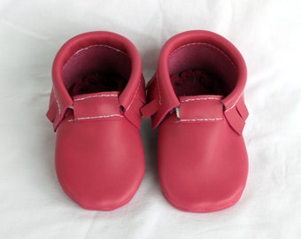 Leather Baby Moccasins, Bubble Gum Pink Moccs