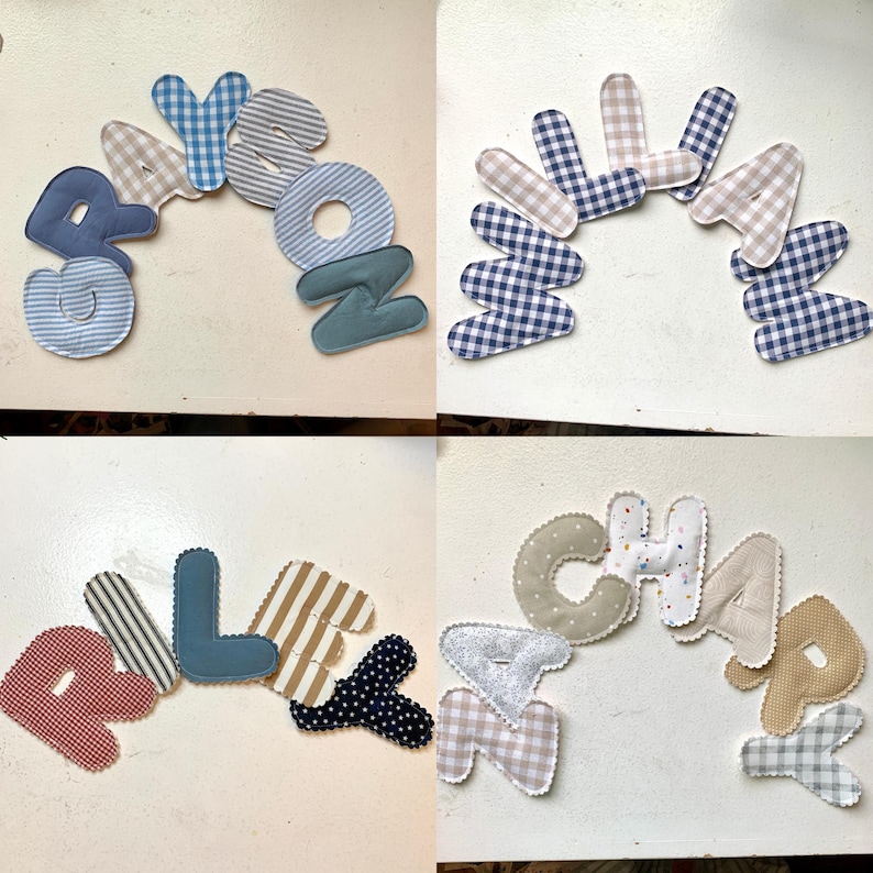 May include: Four sets of fabric letters in various patterns and colors, spelling out names. The letters are in blue, gingham, striped, and polka dot patterns. The names are "AYSON", "LILA", "ALEX", and "CHAR".