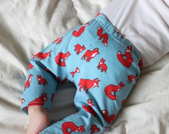 SALE Fox, Animal, Blue, Teal, Orange, White, Wild Life, Baby Boy, Girl, Unisex Knit Leggings Pants