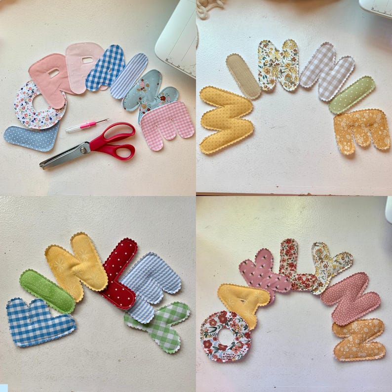 May include: A collection of colorful, fabric-covered letters in various patterns and colors, including floral, gingham, and polka dots. A pair of red scissors and a small pink tool are also present. The letters appear to be handmade.