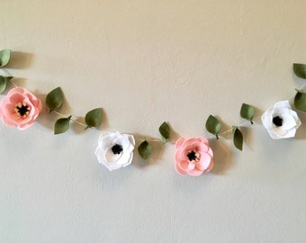Felt Flower Garland, Pink Cream Green Floral Bunting