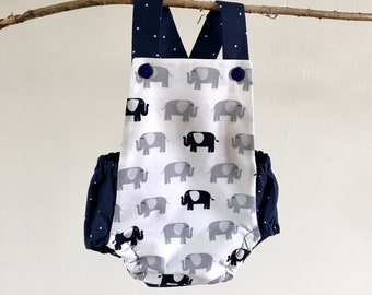 Elephant Navy Romper Blue White and Gray Baby Bubble Romper Bodysuit Playsuit