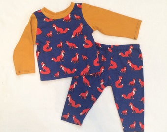 Baby Clothing Set // Gender Neutral, Cobalt Blue Navy Fox, Mustard, Yellow, Two Piece Set