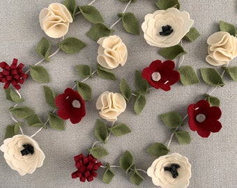 Felt Floral Flower Garland // Spring Decor // Nursery // Wedding Decor // Flower Bunting // Red, Cream, Green