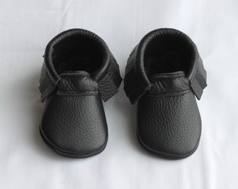 Leather Baby Moccasins, Black Coal, Genuine Leather Moccs