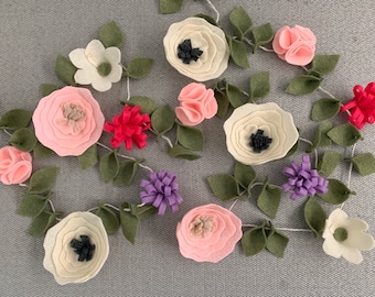Felt Flower Garland, Spring Nursery Decor, Pink Purple Cream