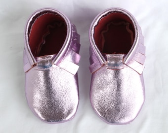 Metallic Rose Gold Leather Baby Moccasins, Handmade