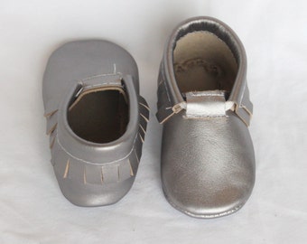 Leather Baby Moccasins //  Silver Shiny Metallic Grey, Gray // Genuine Leather // Real Leather // Moccs, Shoes