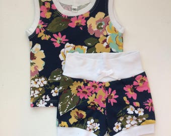 Flower, Floral Girl Two Piece Child Clothing Set // Navy, Pink, Green, and White // Birthday Clothing Set // Baby Clothing Set