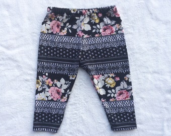 SALE Baby Leggings Black and White, Pink, Yellow, Mustard, Floral, Flower, Baby Girl, Knit Leggings Pants