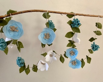 Felt Flower Garland, Blue White Floral Bunting, Nursery Decor