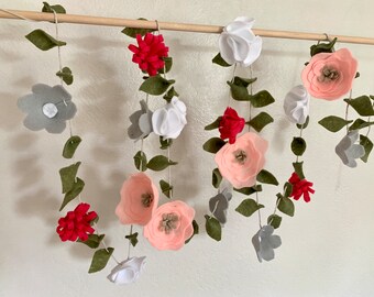 Felt Floral Flower Garland // Spring Decor // Nursery // Wedding Decor // Flower Bunting // Pink, White, Gray, Green