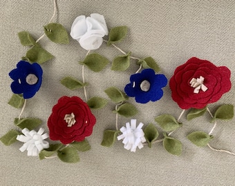 Felt Floral Flower Garland // Spring Decor // Nursery // Wedding Decor // Flower Bunting // Red, Blue, White, Green