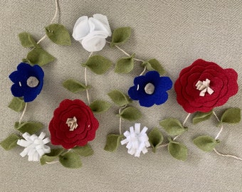 Felt Flower Garland, Red, White, Blue Floral Bunting