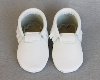 White Leather Baby Moccasins, Genuine Leather Moccs