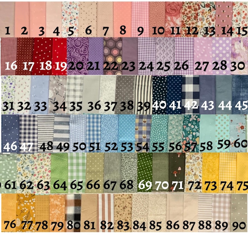 May include: A fabric swatch chart with 90 numbered fabric samples. The fabrics vary in color and pattern, including solids, florals, polka dots, stripes, and gingham. The swatches are arranged in rows and columns, with numbers 1-90 visible.
