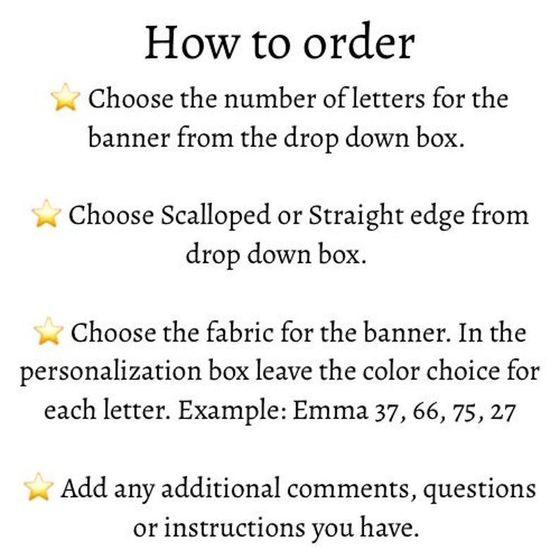 May include: White text on a white background provides instructions on how to order a banner. The text includes steps for choosing the number of letters, edge style, and fabric, with an example of color choices.