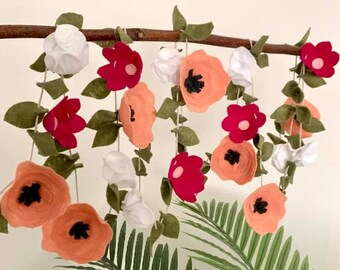 Felt Flower Garland, Spring Nursery Wedding Decor, Pink Coral White